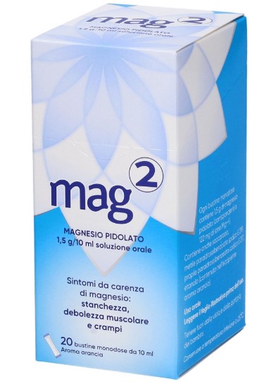 Mag 2 - 20 buste soluzione orale liquida pronta da bere aroma limone - 10 millilitri 1,5 grammi/10 millilitri di magnesio pidolato
